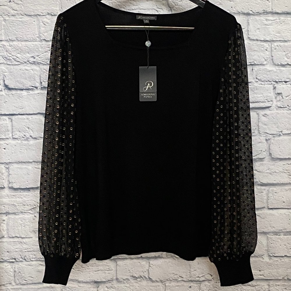 Adrianna Papell Sweater with sheer sleeve accented with gold. Black NWT size XL